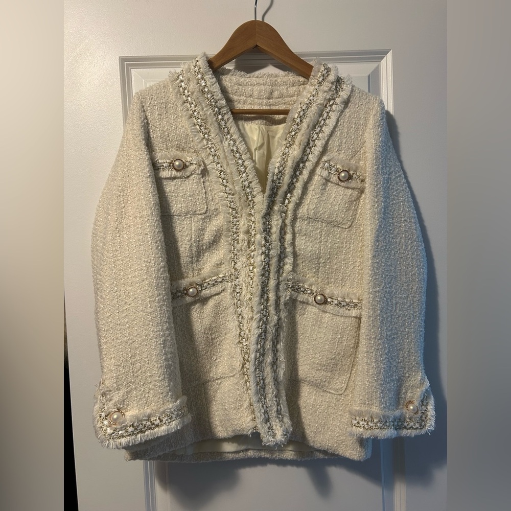 Cream & Gold Tweed Jacket with Pearl Accents